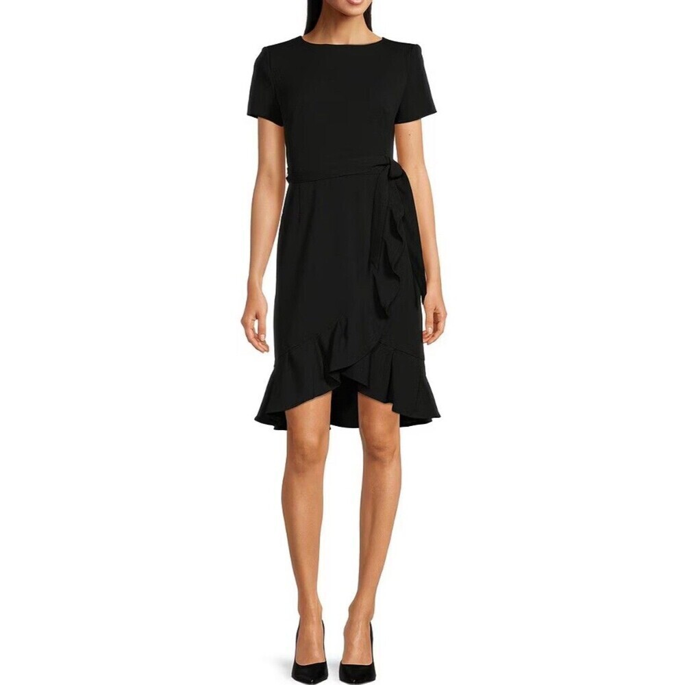 NEW Calvin Klein Women’s Boat Neck Wrap Dress Size 2 Black Ruffle Tie Waist